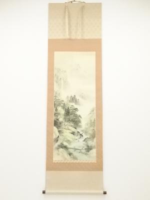 金子春雪筆　青緑山水　肉筆絹本掛軸（共箱）